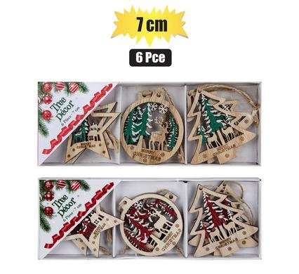 XMAS TREE DECOR WOODEN ORNAMENT 7cm 6 Piece