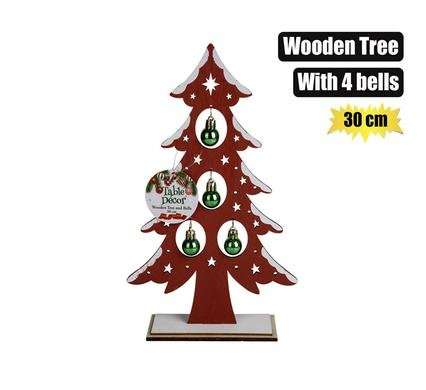XMAS TABLE DECOR WOODEN TREE+BELLS 30cm
