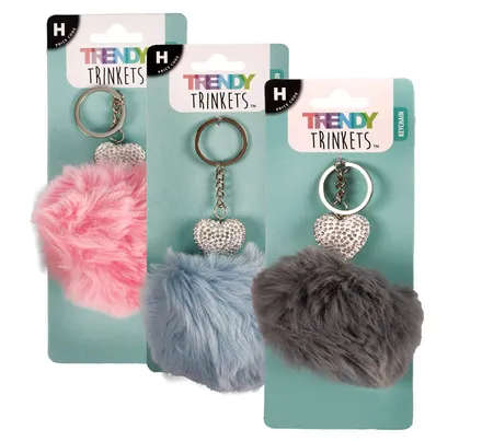 KEYCHAIN POM POM W/BLING HEART 11cm