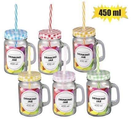 Drinking-jar gls + straw 450ml asstd col