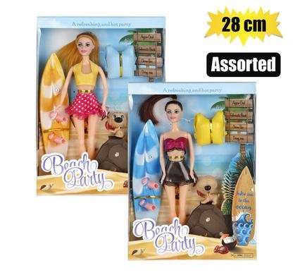 Fashion doll with surfboard & dog asstd