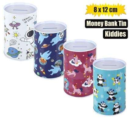 Money-bank tin kiddies assorted 8x12cm/Priced each