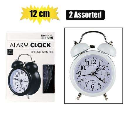 Clock alarm metal twin bell 12cm assorted/Priced each