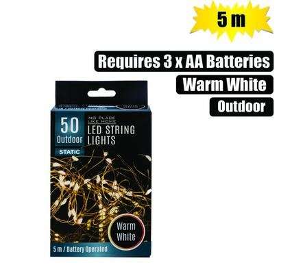 Light fairy led-50x warm white 5m o-dr battery operated