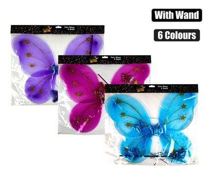 Dress up wings fairy & wand 3 col assorted