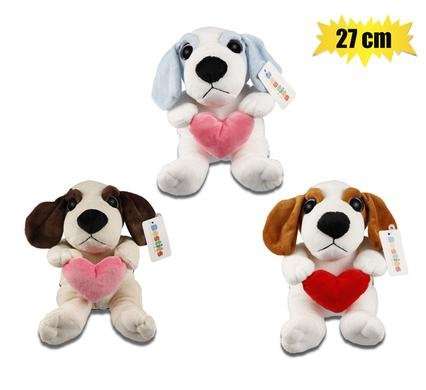 Plush love dog w/heart assorted 27cm