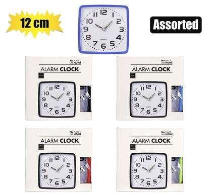 Clock alarm plastic square 12cm assorted-col