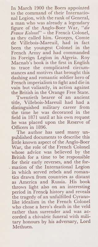 The French Colonel: Villebois-Mareuil and the Boers 1899-1900 - Macnab, Roy