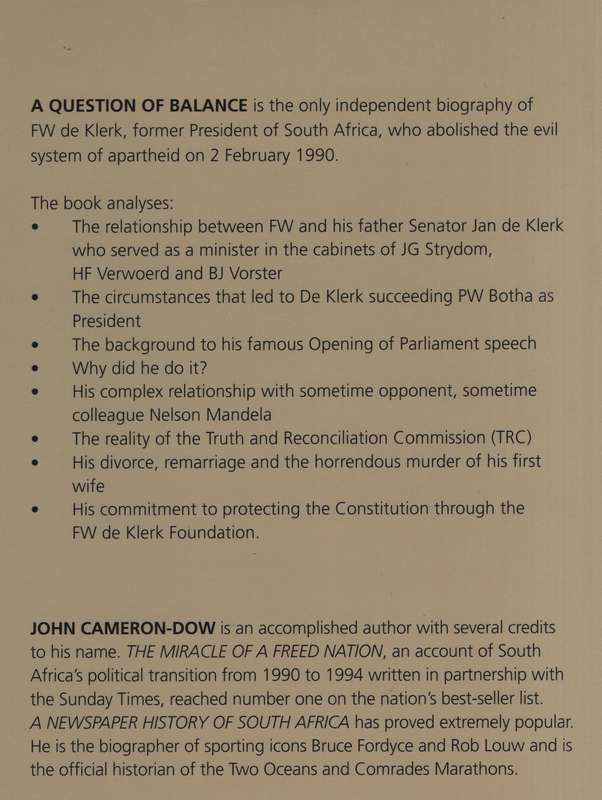 A Question of Balance: A Biography of F. W. de Klerk - Cameron-Dow, John