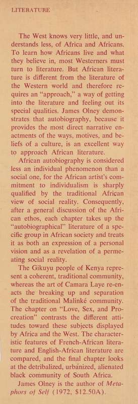 Tell Me Africa: An Approach to African Literature - Olney, James