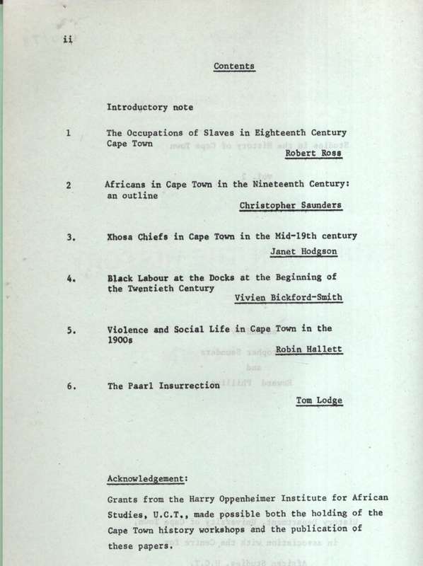 Studies in the History of Cape Town. Volume 2 - Saunders, Christopher (ed);