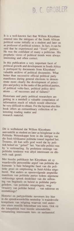 SA Algemene Verkiesingsmanifeste / SA General Election Manifestos 19 - Kleynhans, W. A.