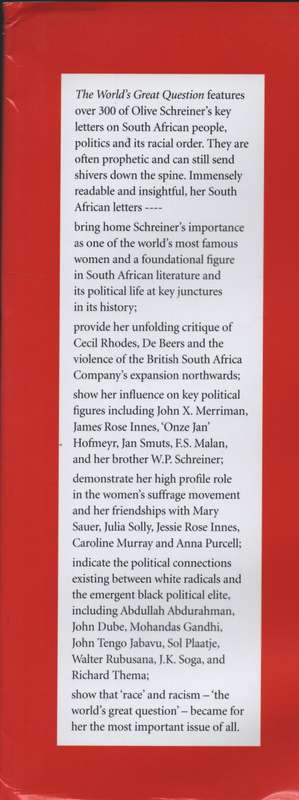 The World's Great Question: Olive Schreiner's South African Letters, - Stanley, Liz (editor); Salte