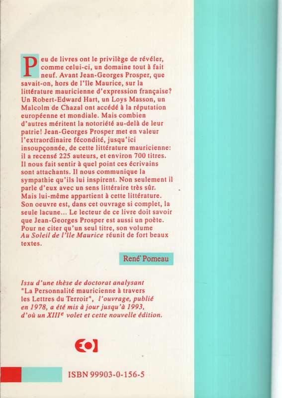 Histoire de la Litterature Mauricienne de langue Francaise. Nouvelle - Prosper, Jean-Georges