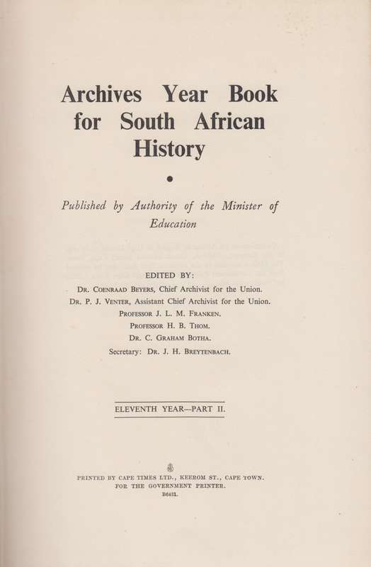 Argief-Jaarboek vir Suid-Afrikaanse Geskiedenis 1948 Deel 2 / Archiv - TrÃ¼mpelmann, G. P. J.; ...