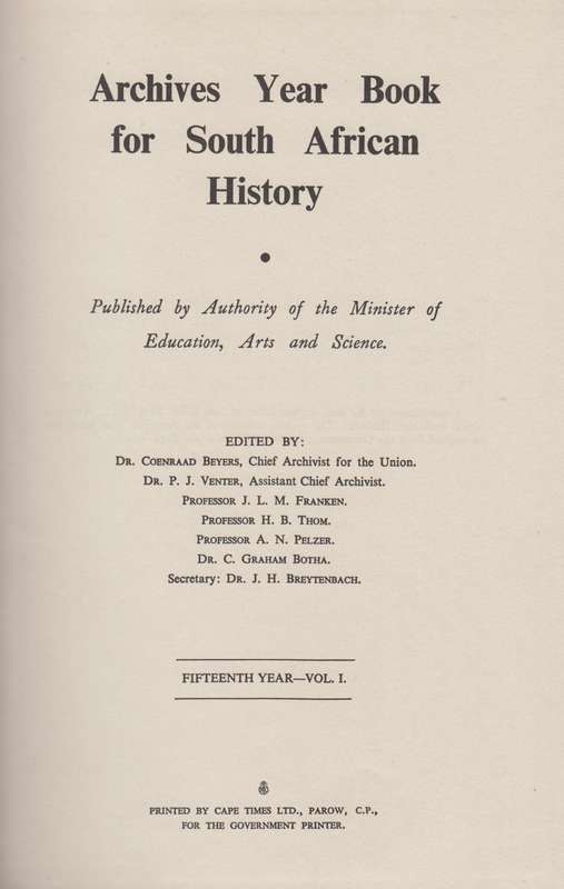 Argief-Jaarboek vir Suid-Afrikaanse Geskiedenis 1952 Deel 1 / Archiv - Ploeger, Jan
