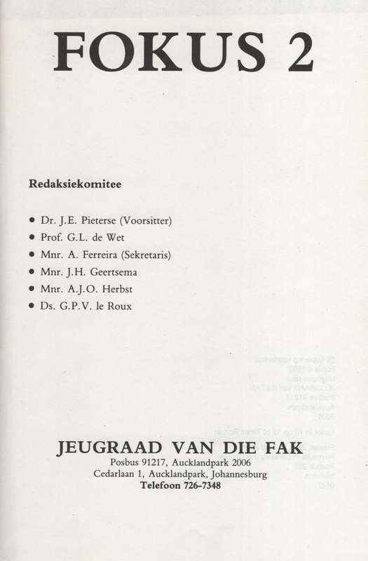 Fokus 2: Onderwerpe met riglyne vir bespreking by jeugleierskursusse - Pieterse, J. E. et al