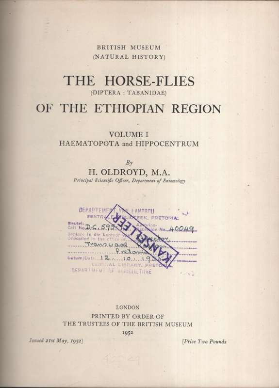 The Horse-Flies of the Ethiopian Region. Diptera: Tabanidae. Volume  - Oldroyd, H.