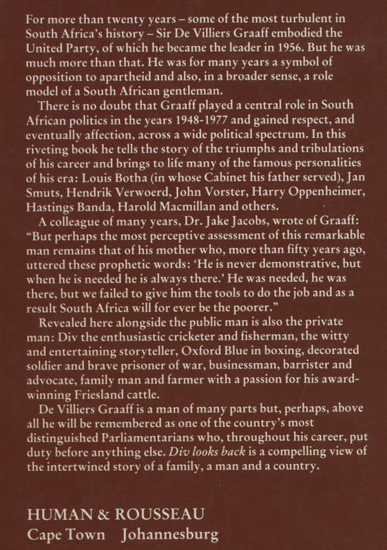 Div Looks Back: The Memoirs of Sir De Villiers Graaf - Graaf, De Villiers