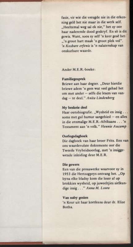 M.E.R: 'n Kosbare Erfenis. Briewe van M.E.R, 1916-197 - Bouwer, Alba; Rothmann, Anna