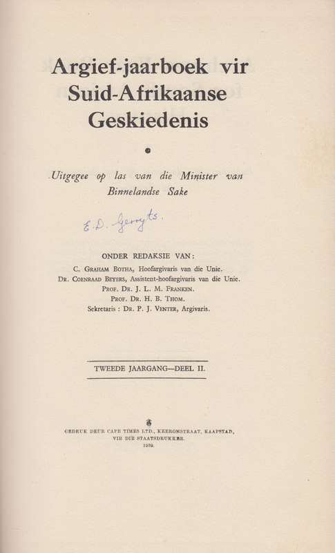 Argief-Jaarboek vir Suid-Afrikaanse Geskiedenis 1939 Deel 2 / Archiv - Grobbelaar, J. J. G.