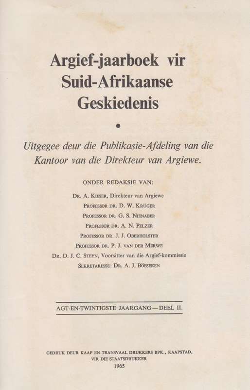 Argief-Jaarboek vir Suid-Afrikaanse Geskiedenis 1965 Deel 2 / Archiv - Booyens, B.; Jacobs, David S