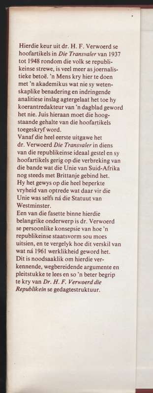 Dr. H. F. Verwoerd die Republikein: Hoofartikels uit Die Transvaler, - Geyser, O.