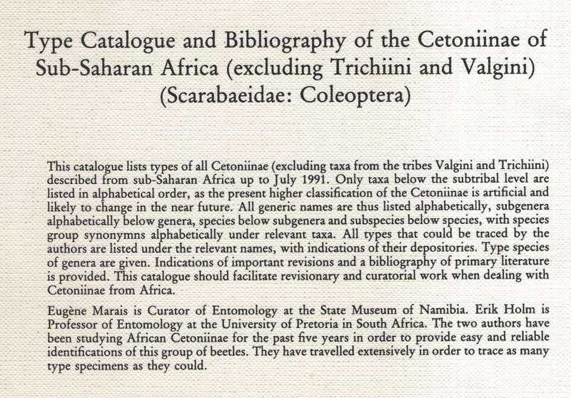 Type Catalogue and Bibliography of the Cetoniinae of Sub-Saharan Afr - Marais, E.; Holm, E.