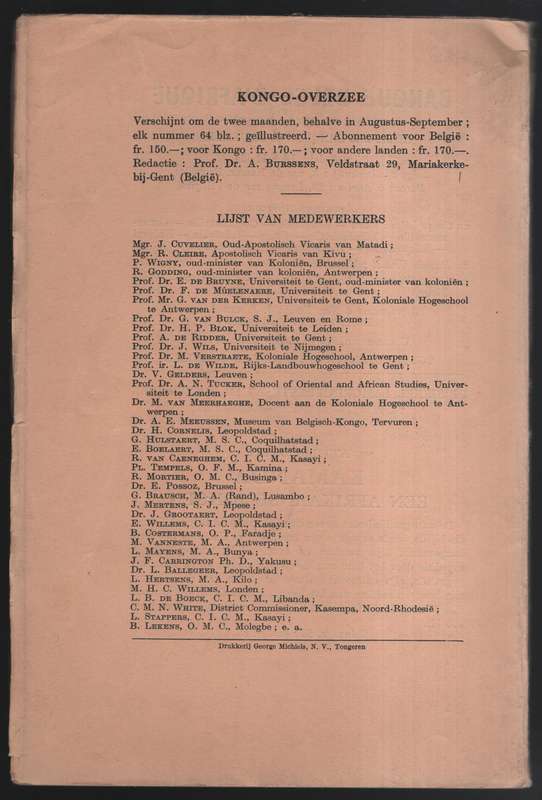 Kongo-Overzee. Tijdschrift voor en over Belgisch-Kongo en andere ove - Burssens, A. (editior)