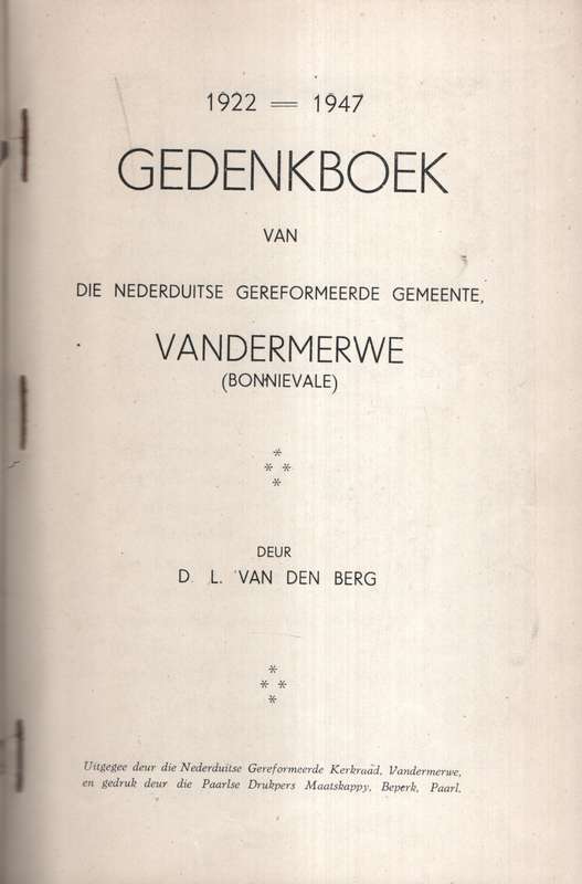 Gedenkboek van die Nederduitse Gereformeerde Gemeente Vandermerwe (B - Van der Berg, D. L.