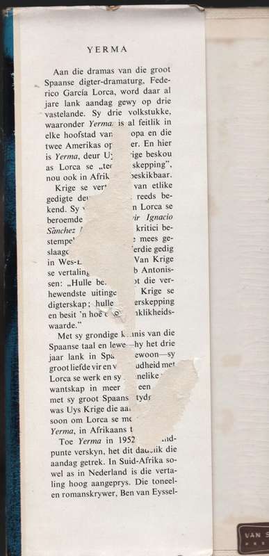 Yerma: 'n Dramatiese gedig in drie bedrywe en ses tonele - Lorca, Federico Garcia; Krig
