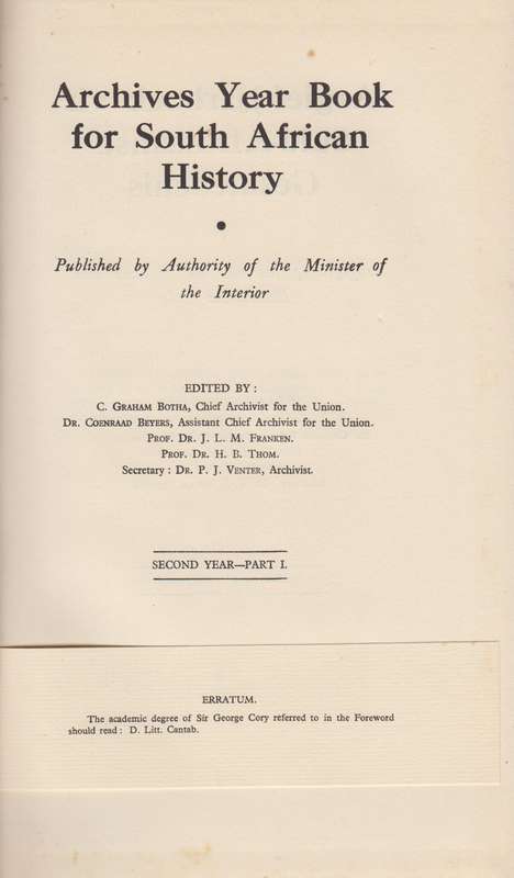Argief-Jaarboek vir Suid-Afrikaanse Geskiedenis 1939 Deel 1 / Archiv - Cory, Geo E.