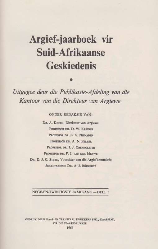 Argief-Jaarboek vir Suid-Afrikaanse Geskiedenis 1966 Deel 1 / Archiv - Van Zyl, M. C.
