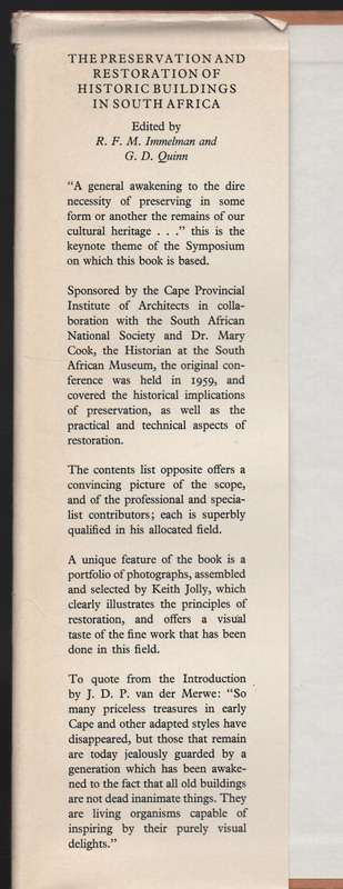 The Preservation and Restoration of Historic Buildings in South Afri - Immelman, R. F. M.; Quinn, G