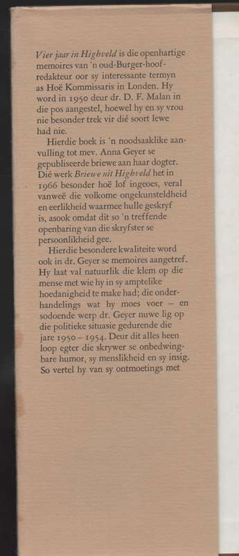 Vierjaar in Highveld: Diplomatieke Ervarings - Soms Sonder Dorings - - Geyer, A. L.