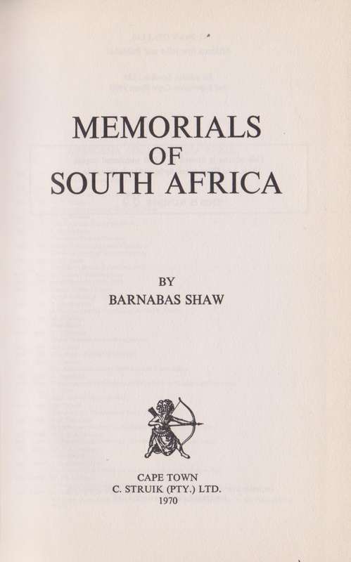 Memorials of South Africa - Shaw, Barnabas