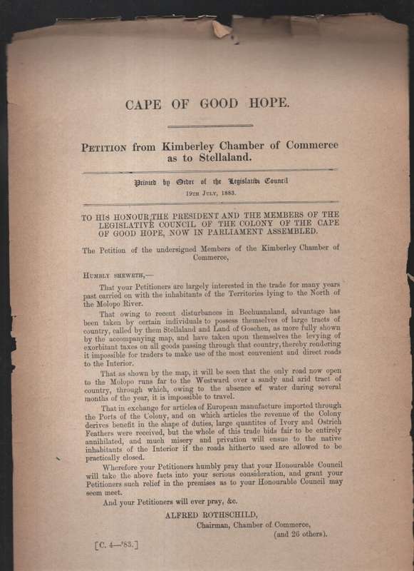 Cape of Good Hope. Petition from Kimberley Chamber of Commerce as to - Rothchild, Alfred