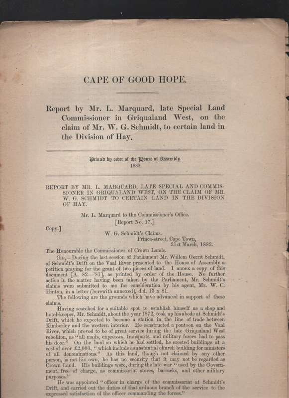 Report by Mr. L. Marquard, Late Special and Commissioner in Griquala - Marquard, L.
