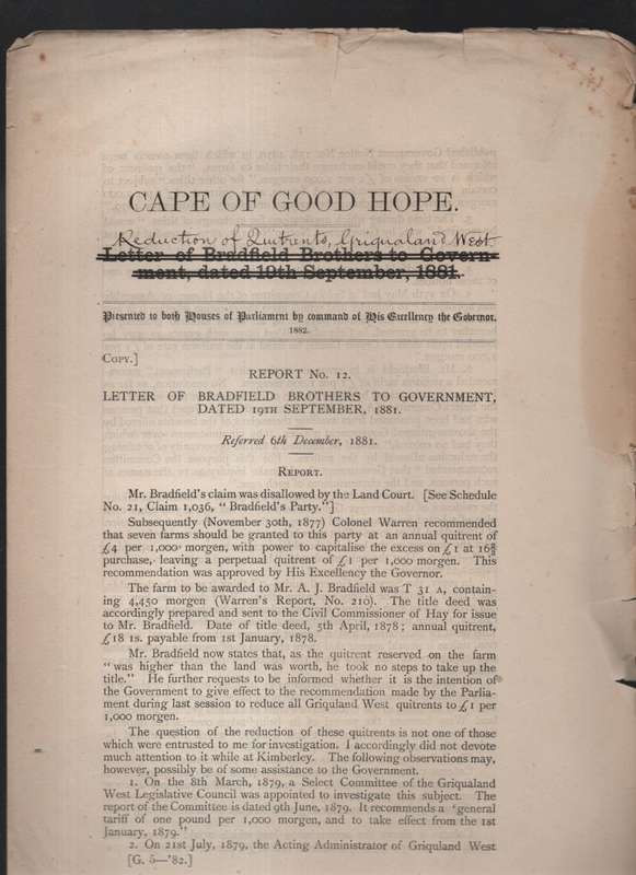 Report No. 12. Letter of Bradfield Brothers to Government, Dated 19t - Marquard, L.