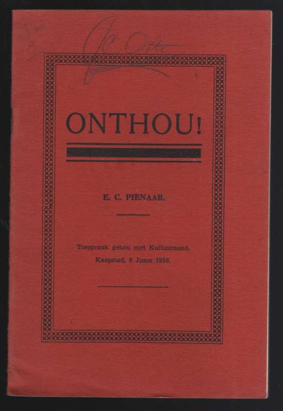 Onthou! Toespraak by geleentheid van Kultuurdagviering, Kaapstadse S - Pienaar, E. C.