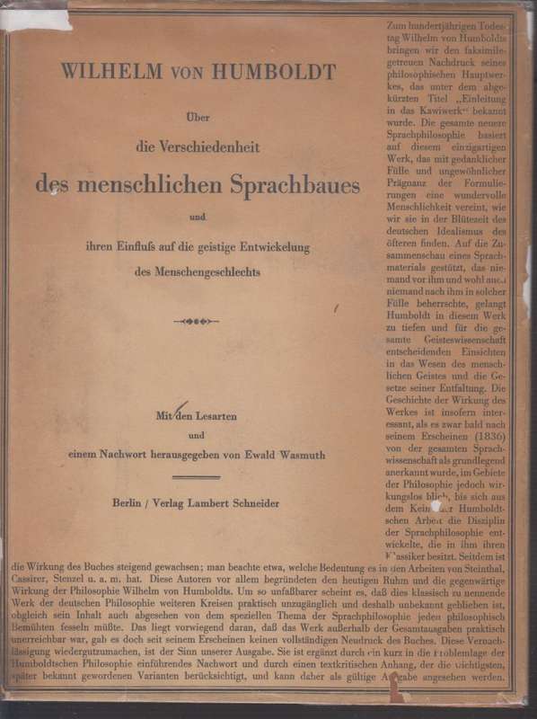 Ãœber die Verschiedenheit des menschlichen Sprachbaues un ihren Eins - Von Humboldt, Wilhelm