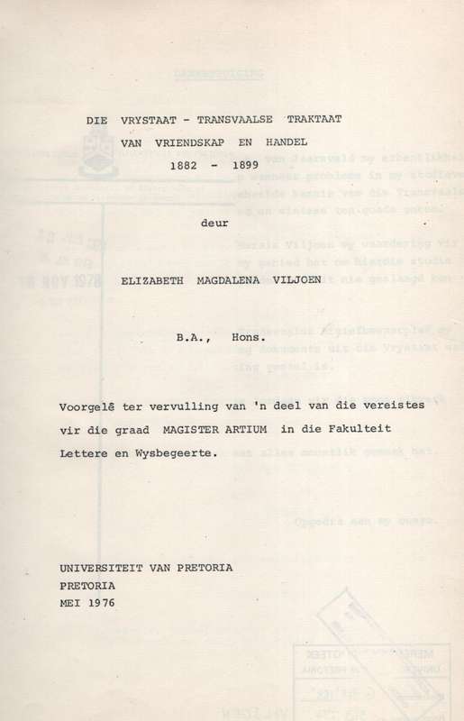 Die Vrystaat-Transvaalse Traktaat van Vriendskap en Handel, 1822-189 - Viljoen, Elizabeth Magdalena