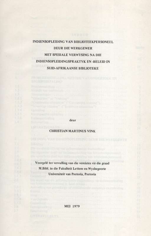 Indiensopleiding van Biblioteekpersoneel deur die Werkgewer met Spes - Vink, Christian Martinus
