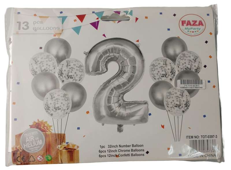 Casey 13pc Silver and White Balloon Set Nr.2 - 13Pc set consisting of 1 x 81cm Number Balloon 6pc...