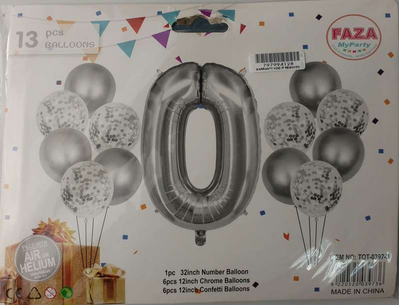Casey 13pc Silver and White Balloon Set Nr.0 - 13Pc set consisting of 1 x 81cm Number Balloon 6pc...