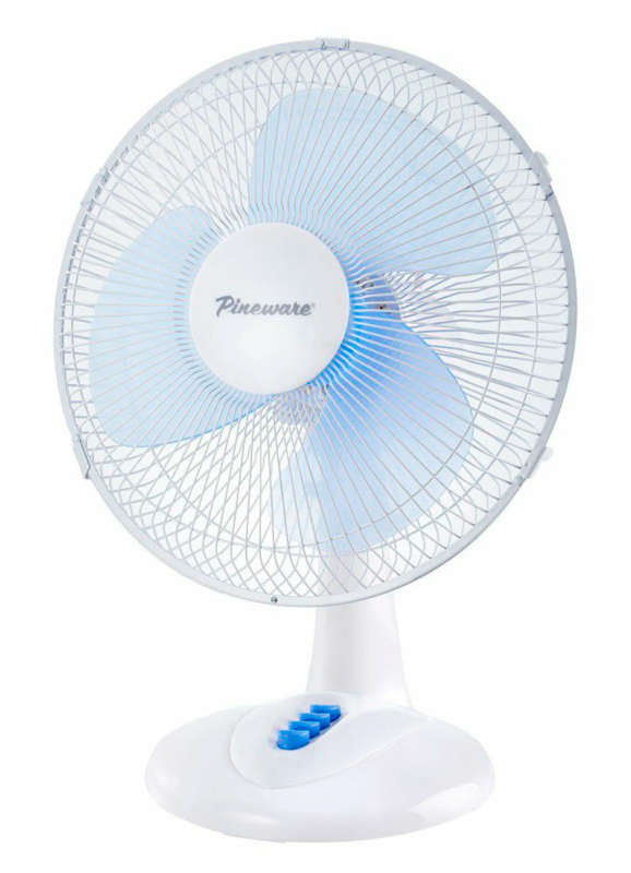 Pineware 30cm White Plastic Desktop Fan - 3 Speed settings Oscillating Convenient carry handle Qu...