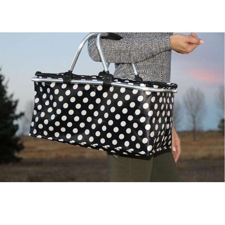 Foldable Poppy Black/ White Polka Dots Insulated Picnic Basket - Black