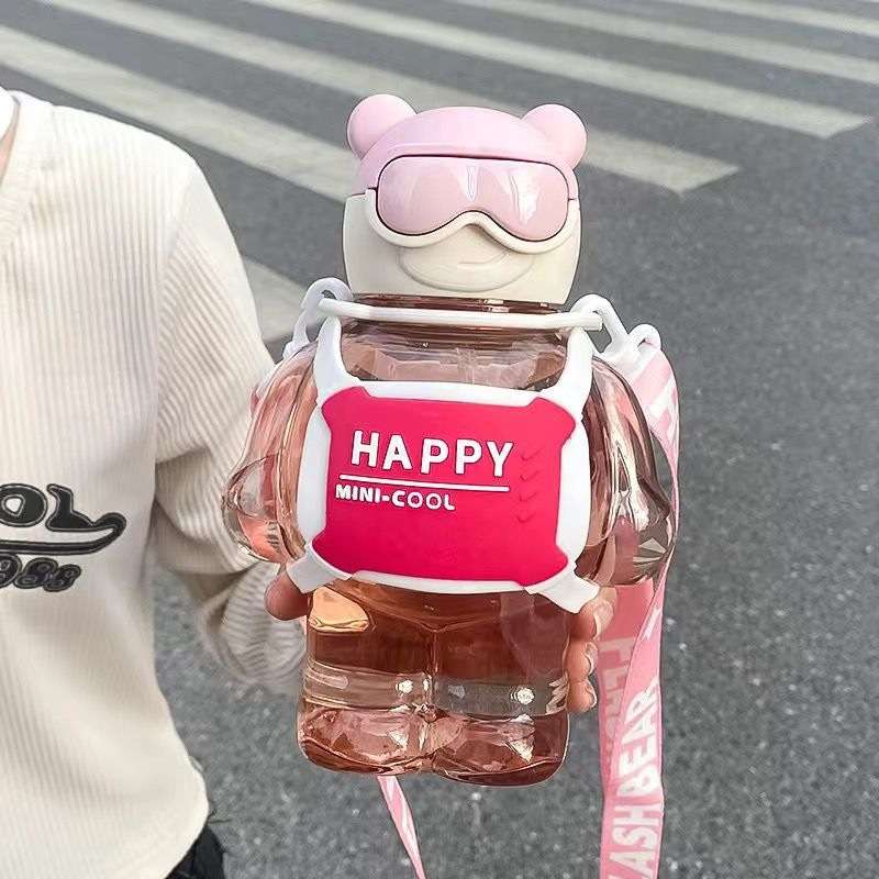 Trendy Creative Mini Cute Bear Water Bottles with Silicone Leak Proof 800ml - Pink