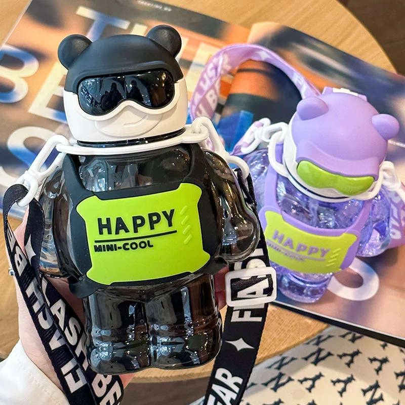 Trendy Creative Mini Cute Bear Water Bottles with Silicone Children's Leak 800ml-Black