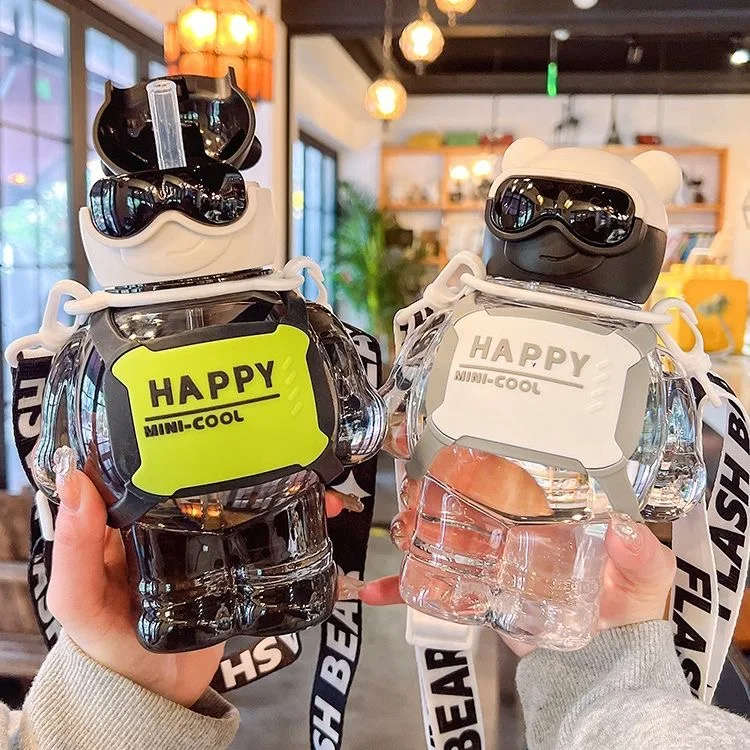 Trendy Creative Mini Cute Bear Water Bottles with Silicone Children's Leak 800ml-Black